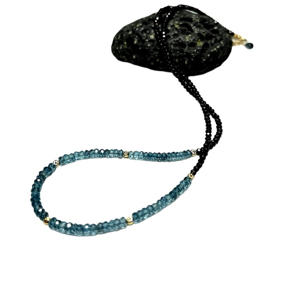 Solid 14k Gold Natural Black Spinel London Blue Topaz Wrap Bracelet | Necklace - Picture 3 of 12